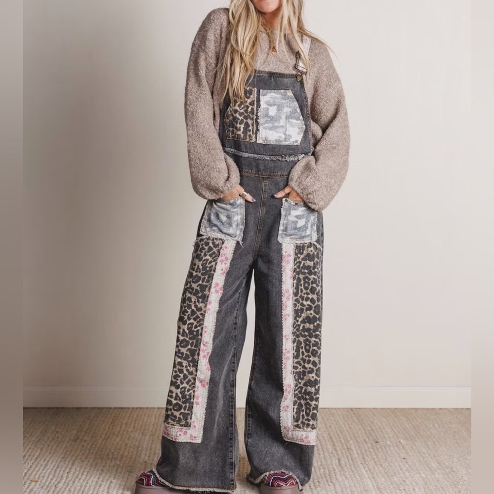 POL Patchwork Leopard Print Floral Camo Patch Boho Overalls - Picture 6 of 12